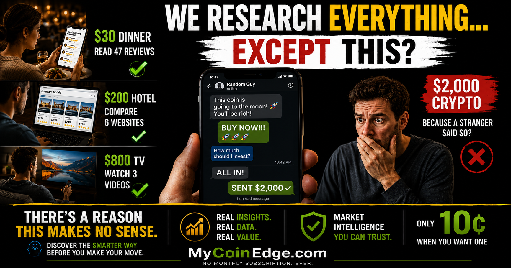 We research restaurants, hotels, and TVs carefully, but sometimes trust a stranger before a crypto decision
